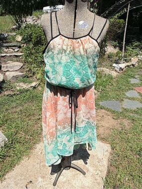 Bisou Bisou Teal and Coral Ombre Floral Midi Dress with Black Trim and Tie